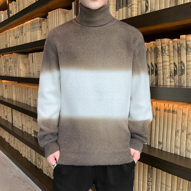 Turtleneck Sweaters Men 2020 Autumn Knitted Pullovers Korean Knitwear Slim Fit Solid Color Casual Men's Patchwork Sweaters M-3XL
