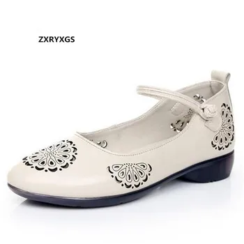 

ZXRYXGS top cowhide printing hollow sandals fashion elegant women leather shoes 2020 new spring comfortable plus size flat shoes