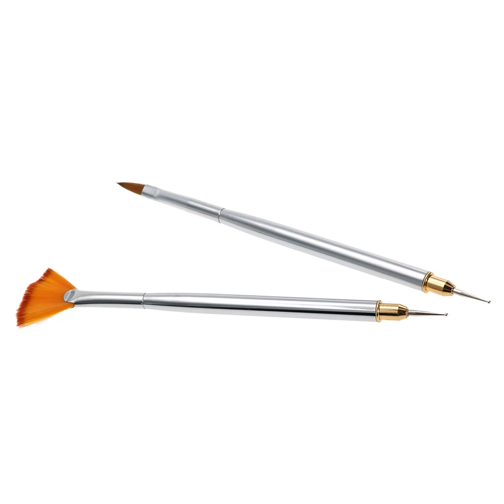 

2Pcs/set 2 Way Nail Art Fan Brush Dotting Pen Stainless Steel UV Gel Powder Nail Dotting Pen Acrylic Nail Brush Manicure Tool