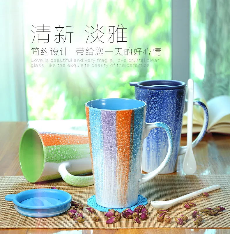 Fsile 2019 New 460ml Creative Belt Spoon Ceramic Mug Couple Milk Coffee Cup Breakfast Milk Tea Mug for Creative Gift Cup