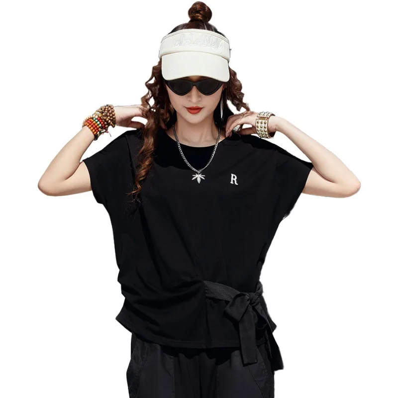 

Women Loose Letter Embroidery Bowknot Tees Trend Pullovers With Black Color 2020 Summer O Neck Short Sleeves T Shirts For Z2