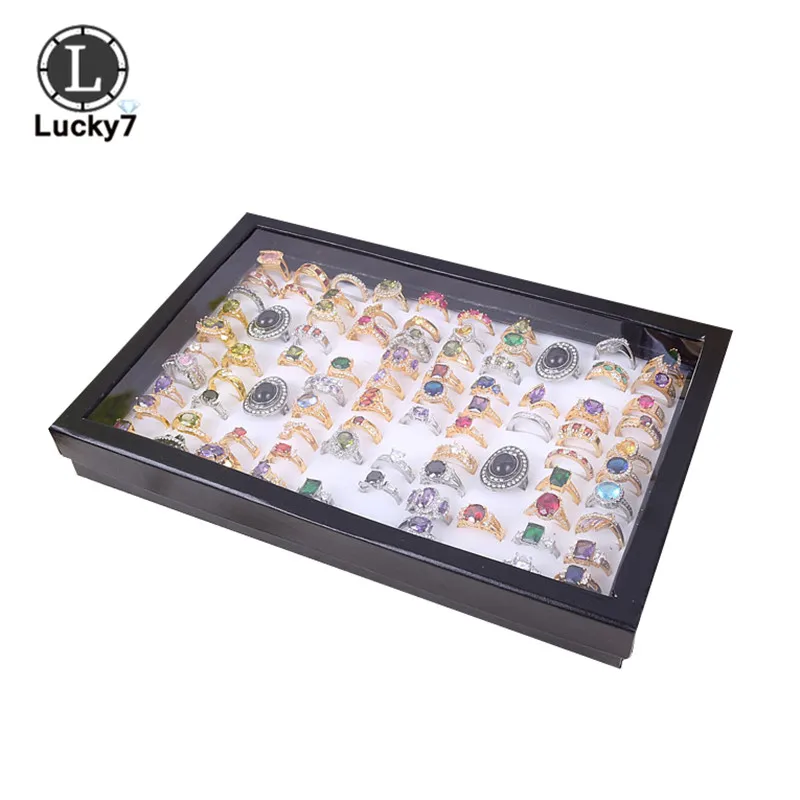 White 100 Slot Black Velvet Sponge Ring Display Box Cardboard Jewelry Storage Case Holder Showcase Ring Cufflink Jewelry Tray With Lid - Цвет: White
