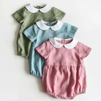 

3 Colors Infant Baby Girls Short Sleeve One-piece Bodysuit Babies Solid Peter Pan Collar Bodysuits Summer Outfit Clothes
