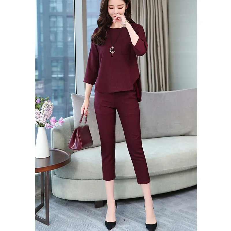 

Nice Spring Summer 2 Piece Sets Women 3/5 Sleeve Tops And Crop Pants Suits Elegant Casual Office Sets