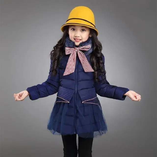 Navy blue Модная осенне-зимняя теплая верхняя одежда для маленьких девочек детская хлопковая куртка детское длинное пальто для девочек, зимняя одежда для детей 4, 6, 8, 10, 12 лет - Цвет: Navy blue