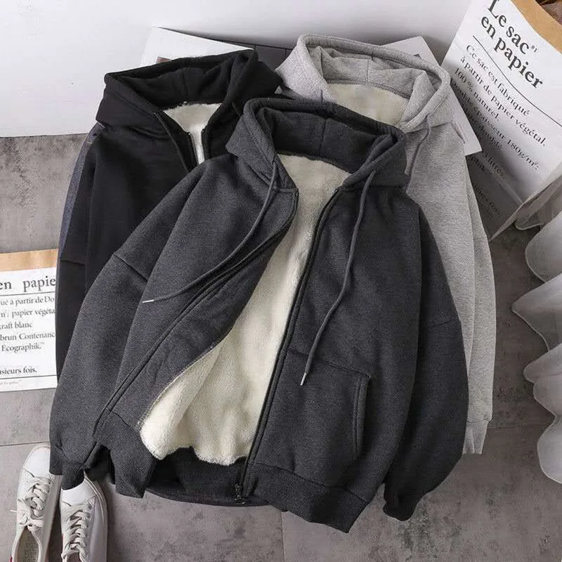 

VERTVIE Jacket Women Solid Color Hoodies Autumn Winter Imitation Lamb Wool Korean Loose Plus Velvet Thick Zipper Sweatshirt Top