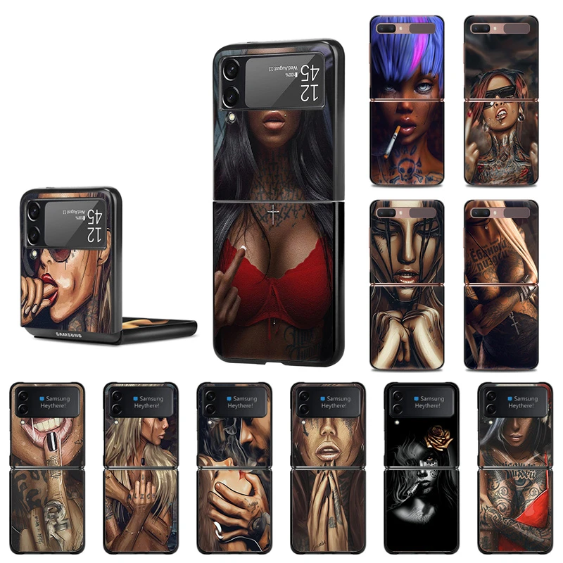 galaxy z flip3 phone case Sleeve Tattoo Sexy Girl Art Luxury Black Hard Case for Samsung Galaxy Z Flip 3 5G Flip3 Anti-knock Cell Phone Protective Cover z flip3 cover