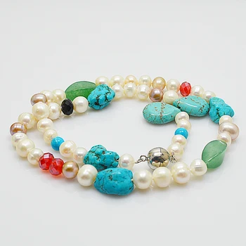 

multicolor real pearl jewelry 5-20mm jasper crystal beads with freshwater pearl necklace 46cm round ball magnet clasp