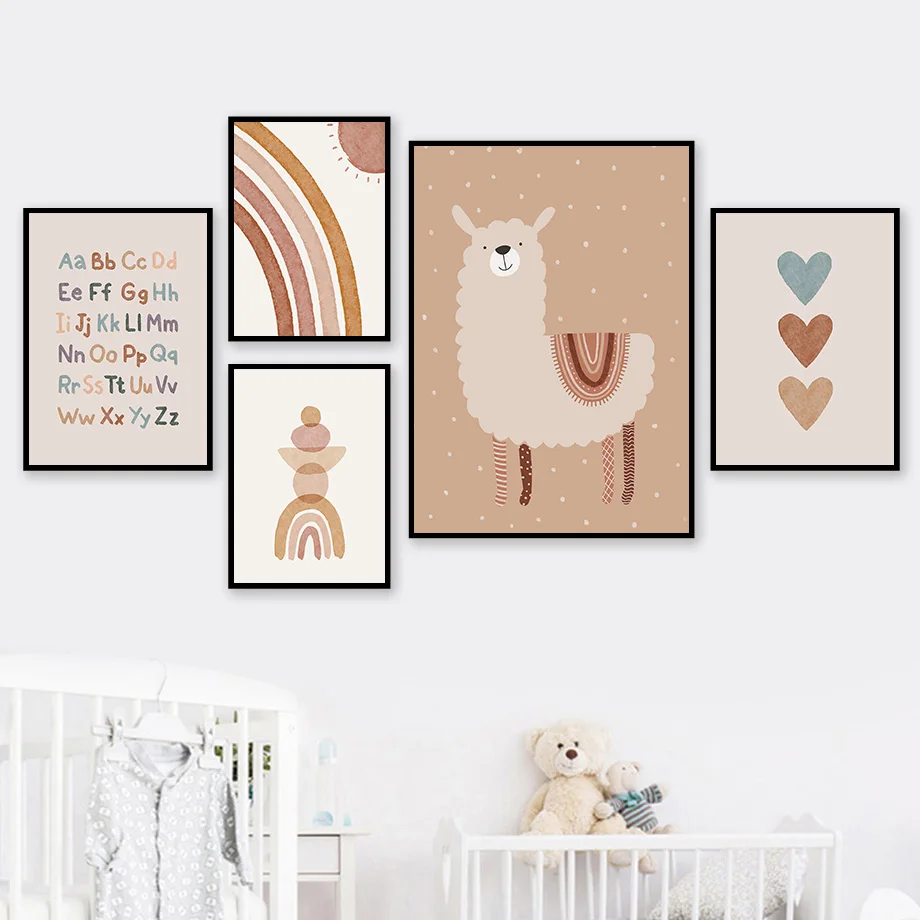 Llamas Sun Rainbow Heart Alphabet Boho Nursery Abstract Wall Art Canvas Painting Posters And Prints Wall Pictures Baby Kids Room