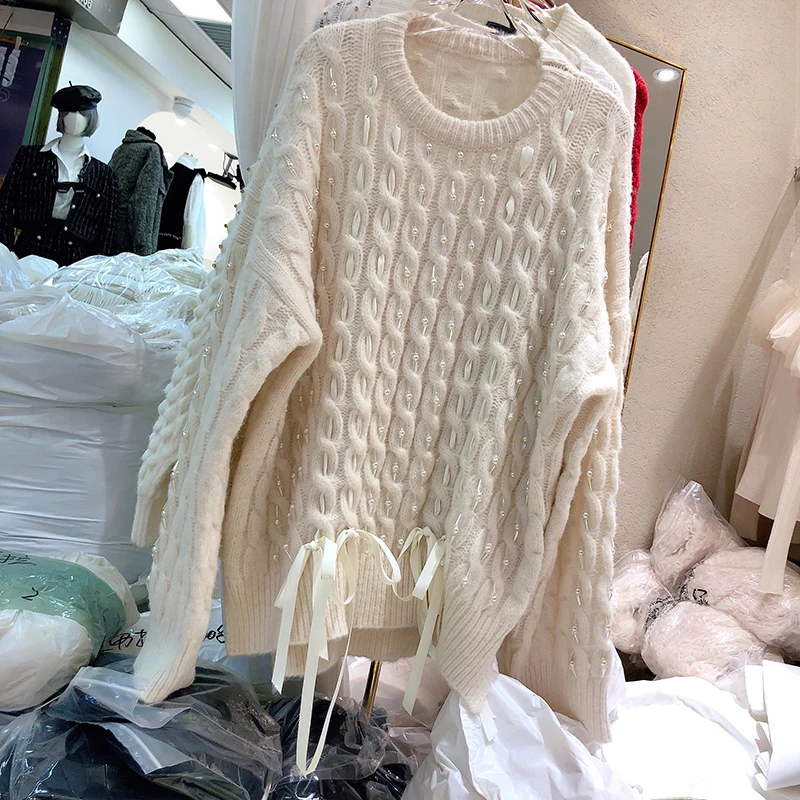 

DALMAZZO New Autumn Winter Women Pullovers Beading Loose Knitted Sweater Christmas New Year Thick Warm Cashmere Tops Female