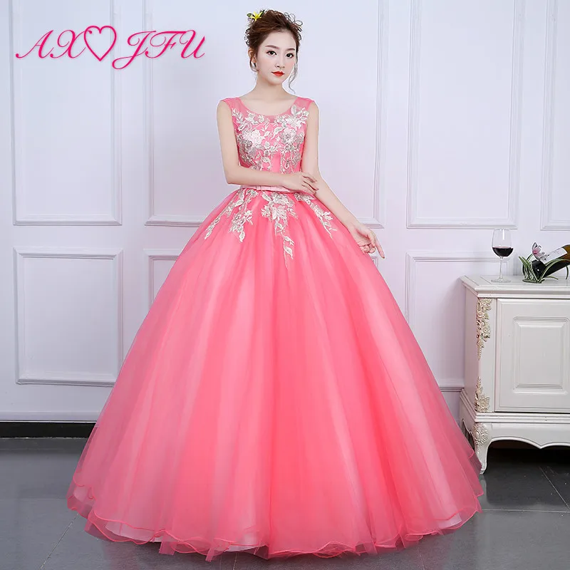 AXJFU роскошное кружевное вечернее свадебное платье принцессы с розовым бантом винтажное вечернее платье с круглым вырезом и бисером без рукавов с цветочным рисунком, Розовое Бальное Платье