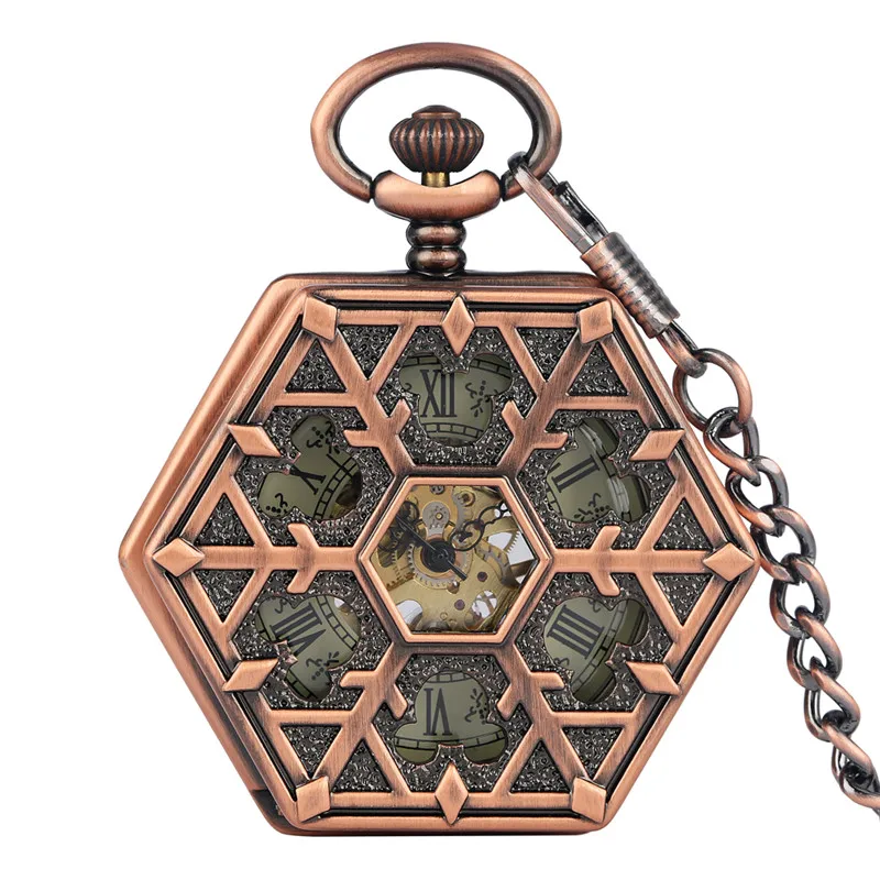 Bronze Red Copper Hexagone Shape Unisex Handwinding Mechanical Pocket Watch Skeleton Clock with Pendant Chain Roman Number Dial