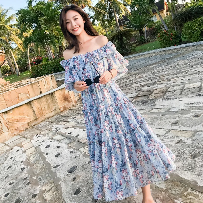 

Photo Shoot 2019 Summer New Style Korean-style Loose-Fit Floral Horizontal Neck Floral-Print Dress Tutu Women's