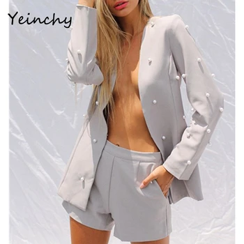 

Yeinchy 2020 sexy deep v neck pearls and pocket long sleeve button two pcs set blazer and short playsuit FY2011