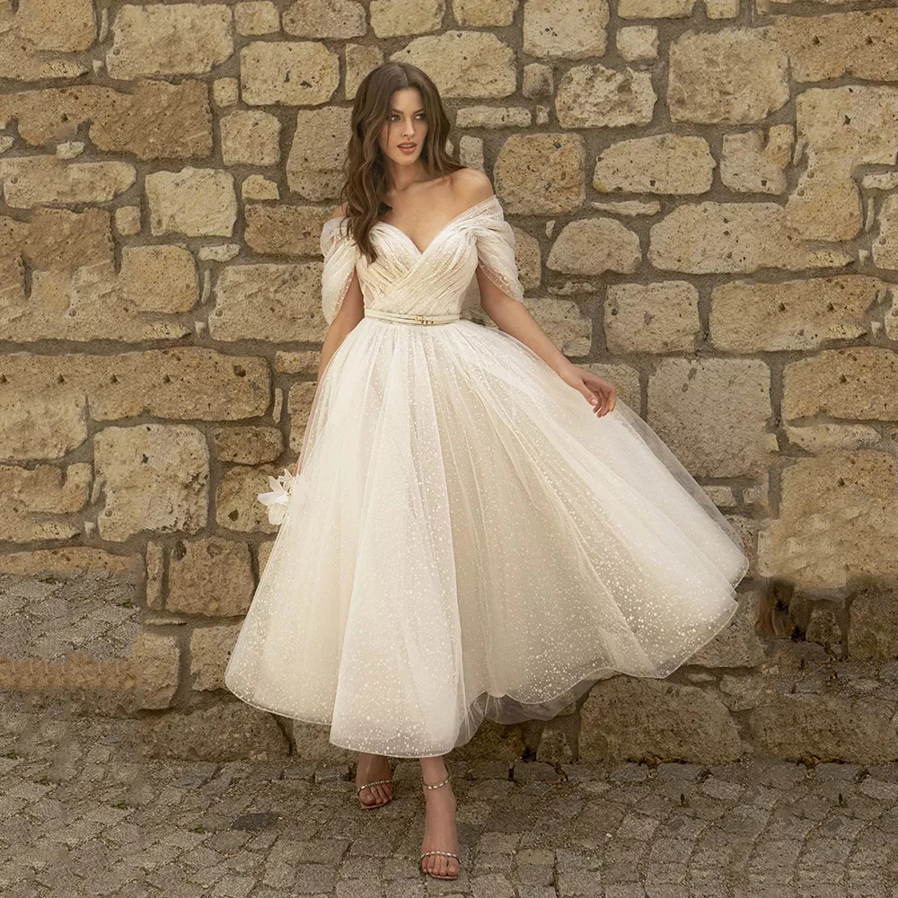 Bling Glittter Boho Wedding Dresses  For Women 2022 Sweetheaart  Tulle Point Net Tulle  Beach Short  Bridal Gown Cheap Civil 3