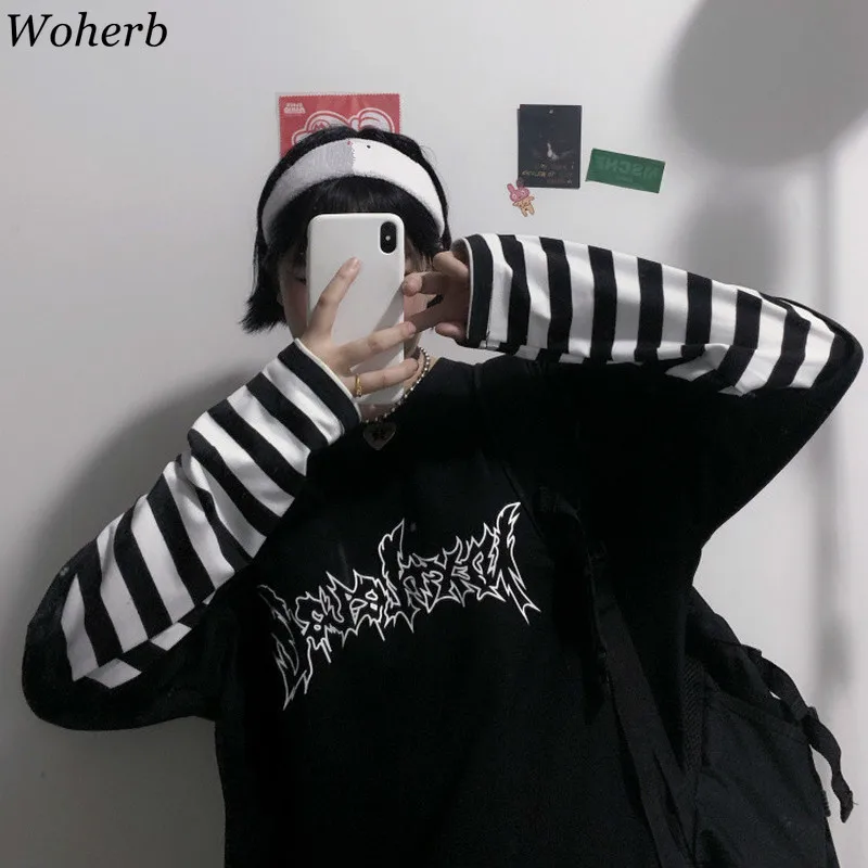 Woherb Harajuku Лоскутная полосатая футболка Женская Мужская Унисекс поддельная 2 шт. футболка с буквенным принтом Футболки с длинным рукавом Уличная одежда