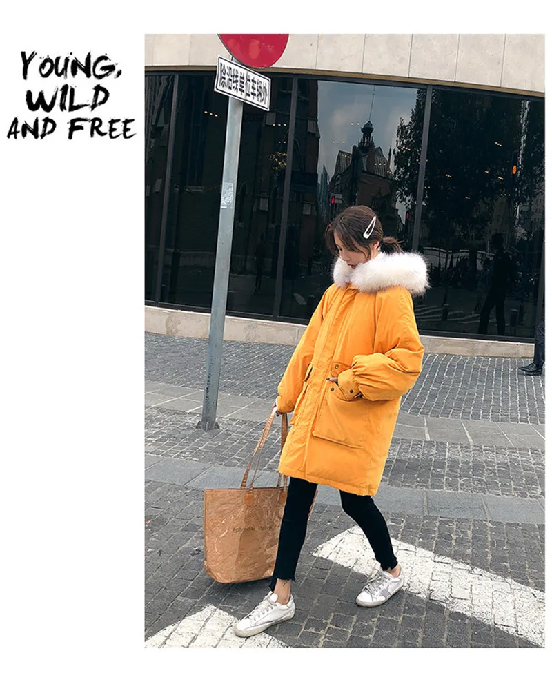 Hooded Fur Collar Fashion Winter Women Jacket Loose Cotton-Padded Coat Medium-Long Female Snow Wear With Large Pockets M075