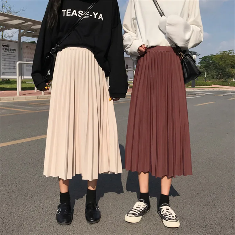 

Elegant Solid Midi Pleated Skirt Women 2019 Autumn Winter Ladies Korean High Waist A-line School Long Skirt Female