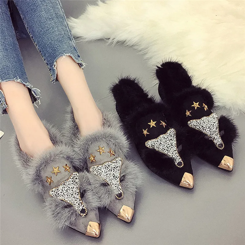 

Fox Faux Fur Espadrilles Women Luxury Crystal Flats Crystal Beading Mmules Ladies Warm Winter Pointed Toe Shoes Plush Loafers#40