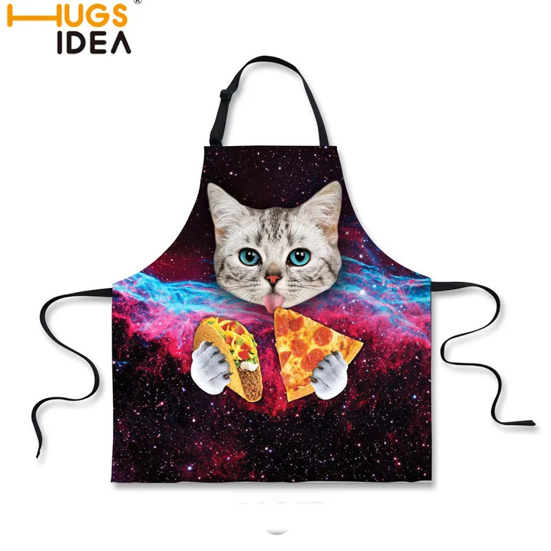 HUGSIDEA Universe Galaxy Cats BBQ Apron Funny Animal Space Cat Eat Pizza Design Cook Apron for Chef Women Men Sleeveless Aprons