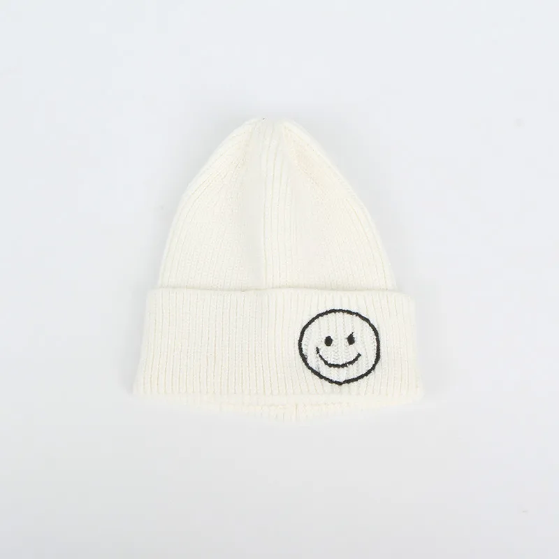 Children Candy Color Hat Winter Kids Knitted Hat Smile Face Solid Cap Ear Flap Beanie Crochet Baby Boys Clothes Girls Warm Hats - Цвет: white