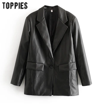 

Toppies Faux leather suit jacket women single button Coat ladies blazer 2020 Spring black blazer