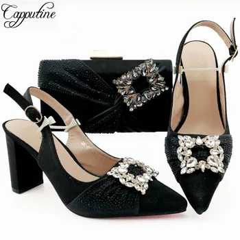 

Sexy black pointed toe sandal shoes and purse bag set with stones for fashion lady QSL011 heel height 9cm