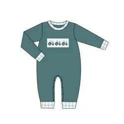 Barboteuse à carreaux pour garçon, manches longues, trois tracteurs, motif brodé, blanc, bleu, vêtements d'automne 
