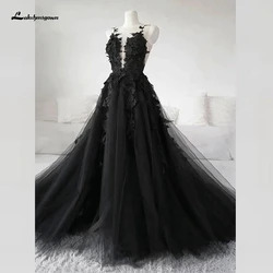 Floral Gothic Black Long Wedding Dress 2020 Sexy Bridal Gown Vestidos de Novia Sexy Tulle Wedding Gowns Trouwjurk Plus Size
