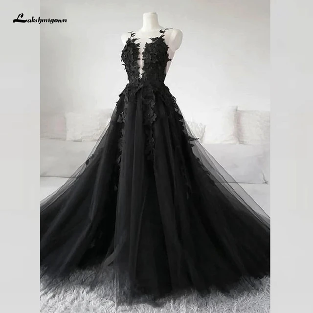 Floral Gothic Black Long Wedding Dress 2020 Sexy Bridal Gown Vestidos de Novia Sexy Tulle Wedding Gowns Trouwjurk Plus Size 1