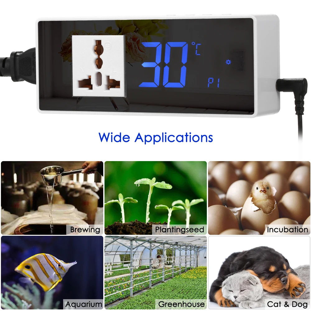 

10A LCD Digital Temperature Controller Thermostat for Heating Cooling Control with NTC Temperature Sensor Mirror Surface AC
