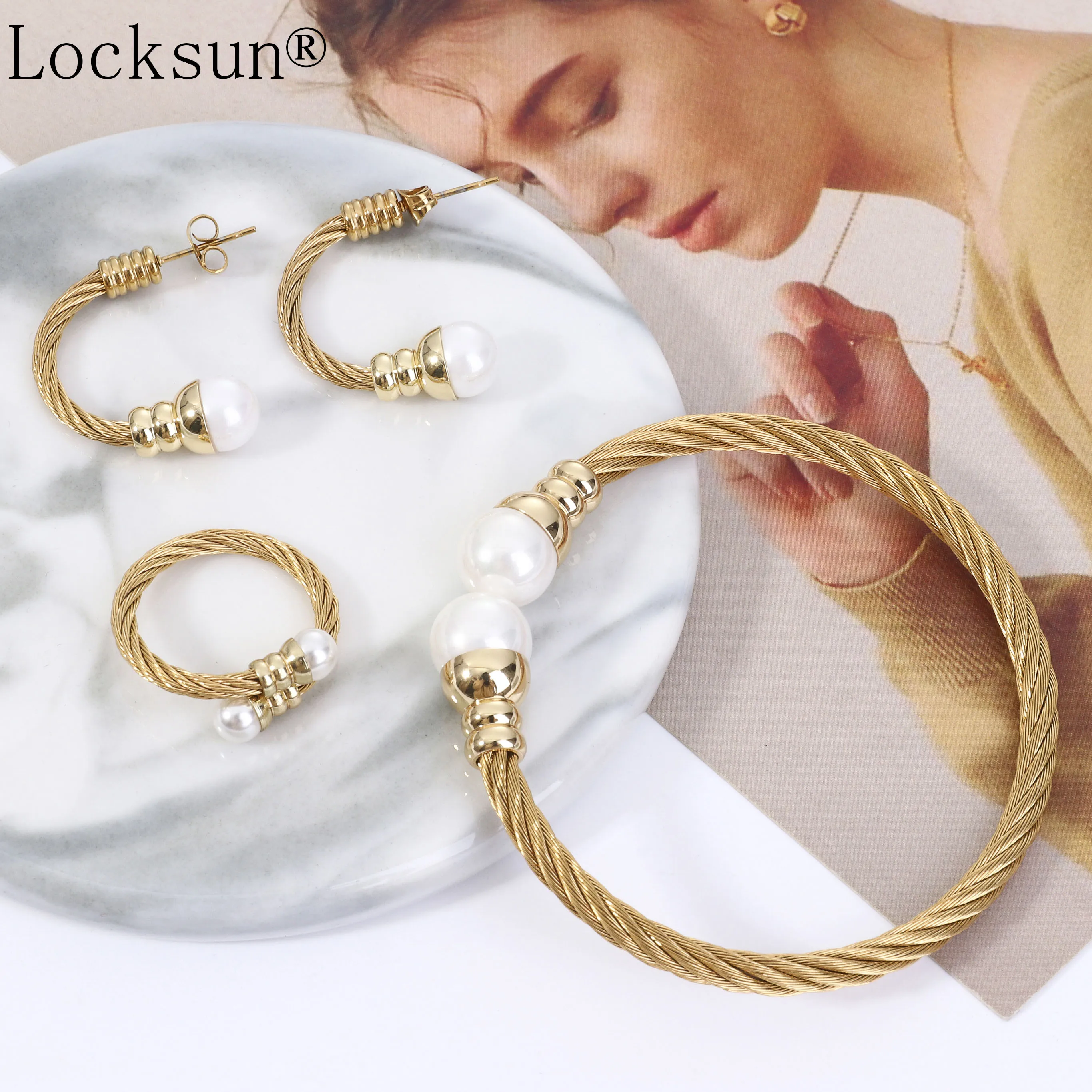 Locksun круглый жемчуг в оправке ювелирный набор из нержавеющей стали женские вечерние модные золотые серьги гвоздики Открытое кольцо настраиваемое браслет набор