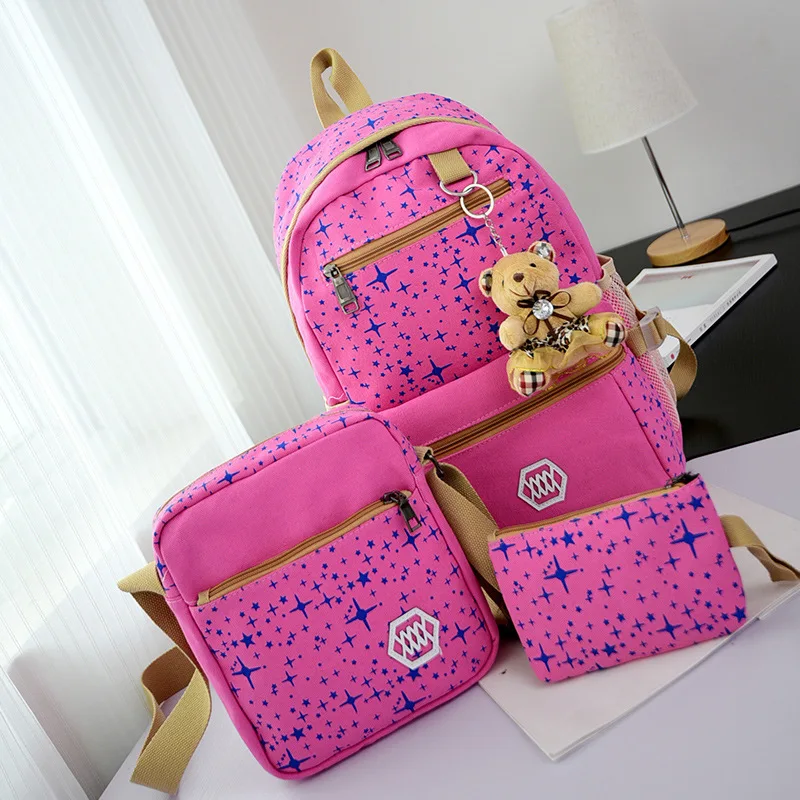 

Three-piece Set Backpack Women's Korean-style Canvas Printed Large-capacity Backpack College High Junior High School Schoolbag T