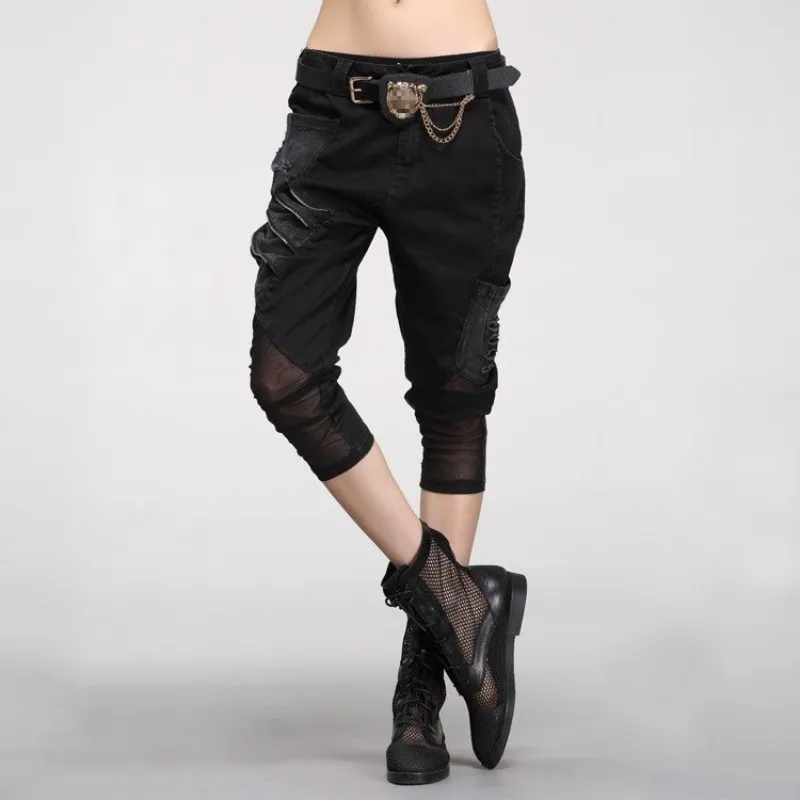 

Women Hip Hop New Spring Summer Hole Zippers Pencil Calf Length Fashion Mesh Joggers Casual Harem Pants Capris Streetwear