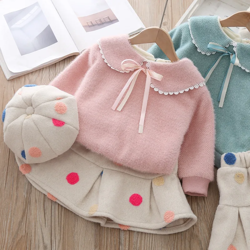 

New Girls' Winter Velvet Skirt Baby Thickened Sweater Polka Dot Pleated Sweet Sweater Skirt Two Piece Clothing Suit Set Warm