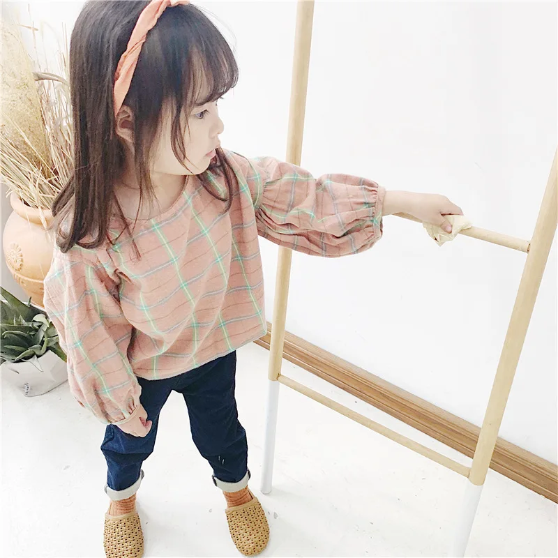 Korean Style Cute Girls Fashion Plaid Blouse Kids Pure Cotton Puff Sleeve Loose Blouses 1-5y