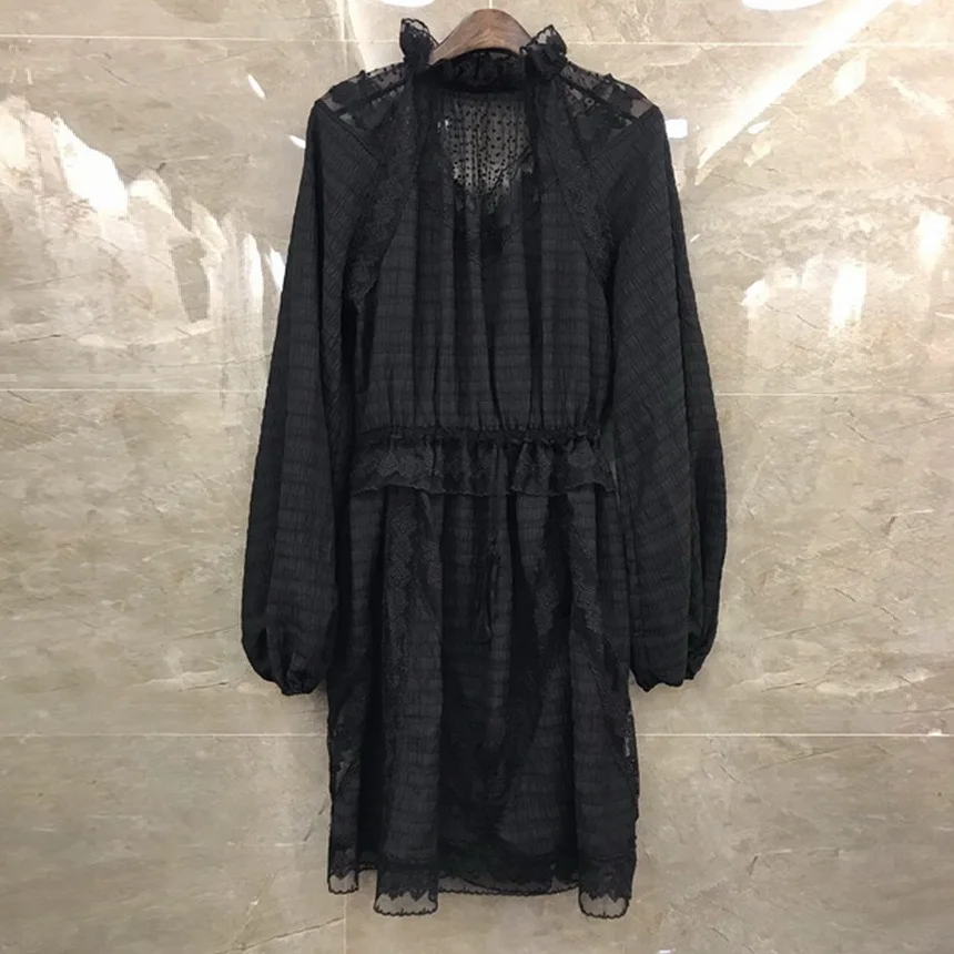 High Quality Cotton Dress Autumn Sexy Party Club Dresses Women Ruffled Collar Sexy Sheer Mesh Patchwork Long Sleeve Dress