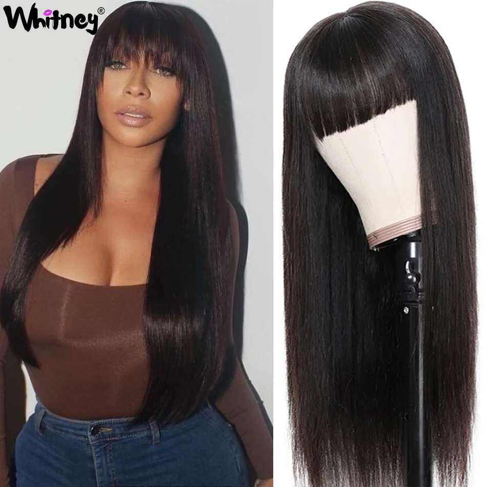 Wigs Bangs Human-Hair Natural-Color Brazilian 180%Density Whitney Straight Full-Machine