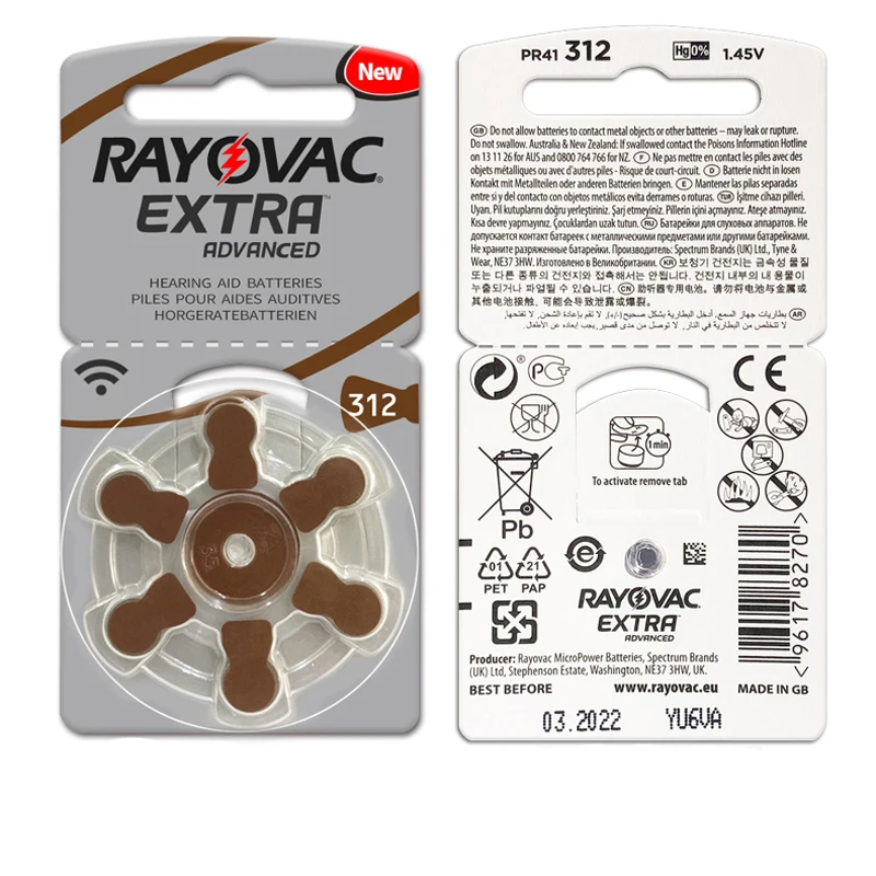 Аккумуляторы для слухового аппарата 30 шт./5 карт RAYOVAC EXTRA-A312/312/PR41 цинковые