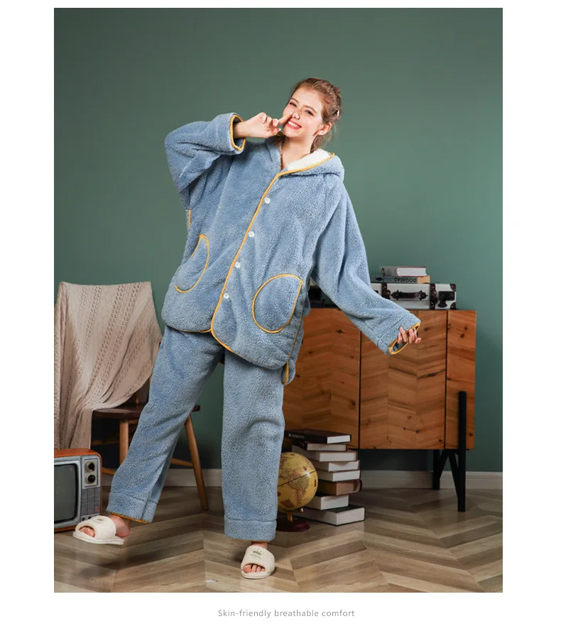 Waliicorners Women Velvet Silk Fleece Gown Hooded Collar Female Cute Thick Velvet Long-sleeved Trousers Women Pajamas Set Silk 10 H7fe3fece2a724006bae34c8966445793p