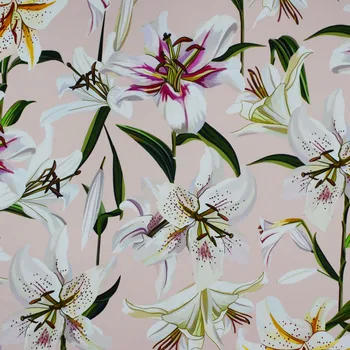 

Pink bottom lily digital painting double Joe silk fabric for satin dress bazin riche getzner telas por metro tissus au metre