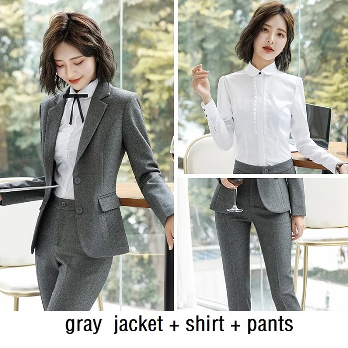 Gray 3Pcs Set A Весна осень с длинным рукавом Бизнес Формальные Брюки костюм Ol Женская рабочая одежда серый блейзеры брючные костюмы блузка костюм платье - Цвет: Gray 3Pcs Set A