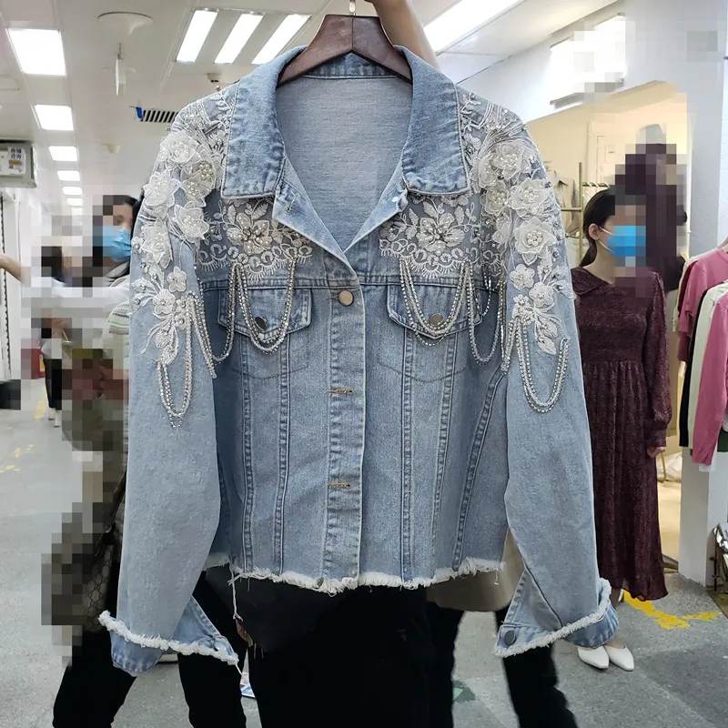 

Industrial Diamond Stereo Lace Flower Jeans Coat Women's 2020 Spring Clothing New Student Denim Jacket Female Loose Jeans Coats