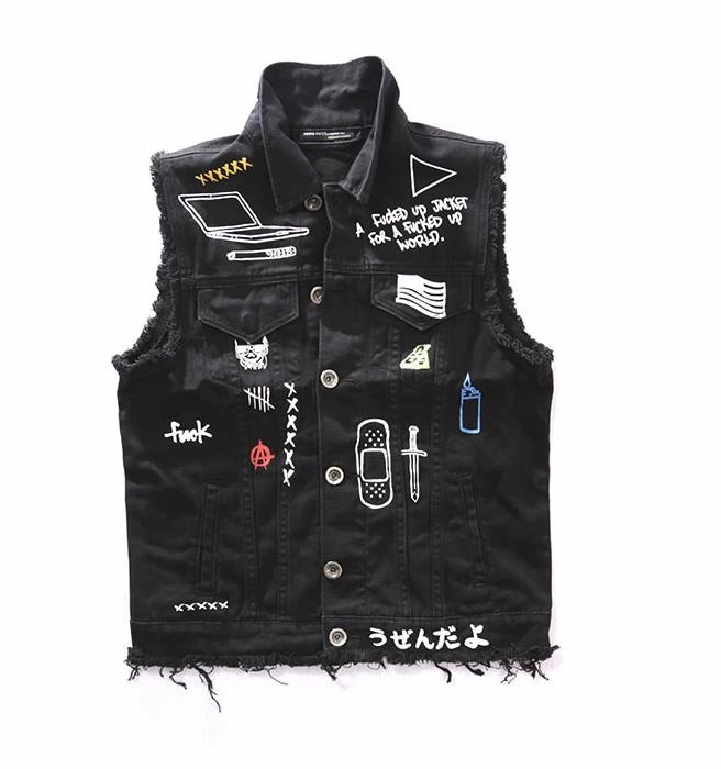 Chaleco vaquero negro para chaqueta sin mangas con de grafiti, Hip Hop, Punk, Rock, vaquero, 2XL|Chalecos| - AliExpress