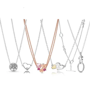 

925 Sterling Silver Rose Peach Blossom With Pink & Red Crystal Necklace For Women Wedding Party Pandora Jewelry