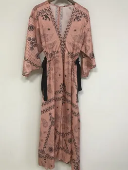 

Women Short Sleeve Long Dress Spring Summer V Neck Lace-up Waist Slim Retro Printed Holiday Midi Dresses for Ladies 2020 New