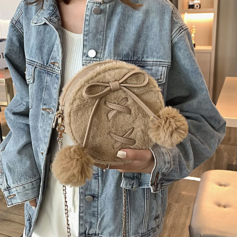 Round Faux Fur Cute Pu Leather Fashion Women Shoulder Bag Crossbody Bag Purses and Handbags Femael Bolsa Tote Bag Clutch Bag