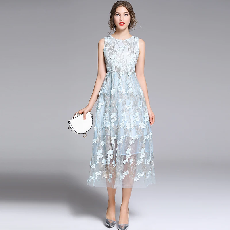 

HAMALIEL Runway Designer Summer Holiday Midi Dress Women Sleeveless 3D Floral Embroidery Sky Blue Mesh Dress Fashion Party Dress