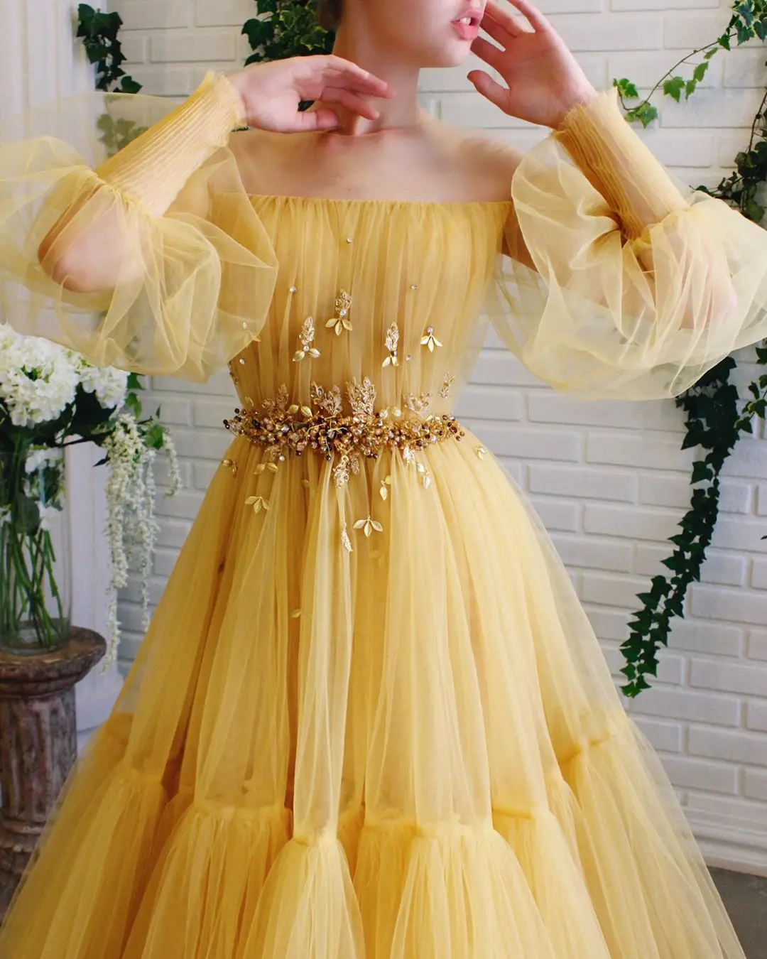 Желтое платье трапециевидной формы с длинным рукавом, вечерние платья для выпускного вечера с цветами из бисера, вечерние платья из тюля, Платья для особых мероприятий размера плюс, длина до пола