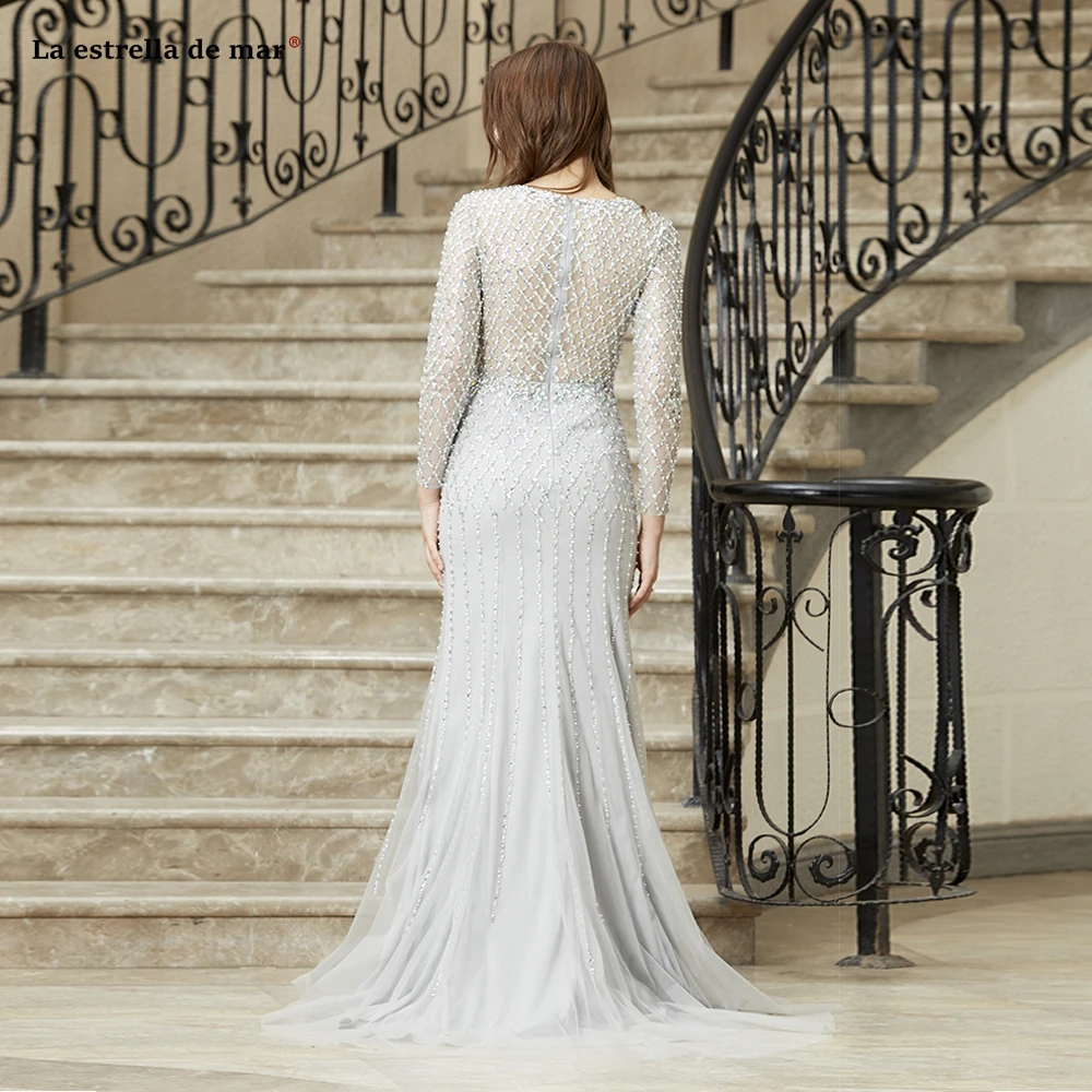 Abendkleid2019 новое из кружева, с вырезом на шее длинный рукав с бисером серебро сексуальное Русалка дубайское вечернее платье длинное avondjurk на заказ выпускное платье